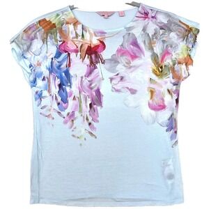 Ted Baker Shirt Womens 1 Blue Floral Sheer Jersey Cap Sleeve Print Top Soft